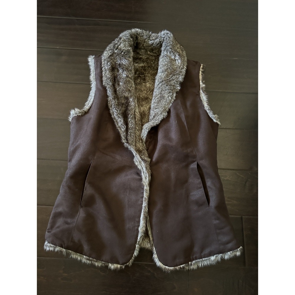 Brown Faux Suede Vest Faux Fur Lined Hidden Snap Closure Small